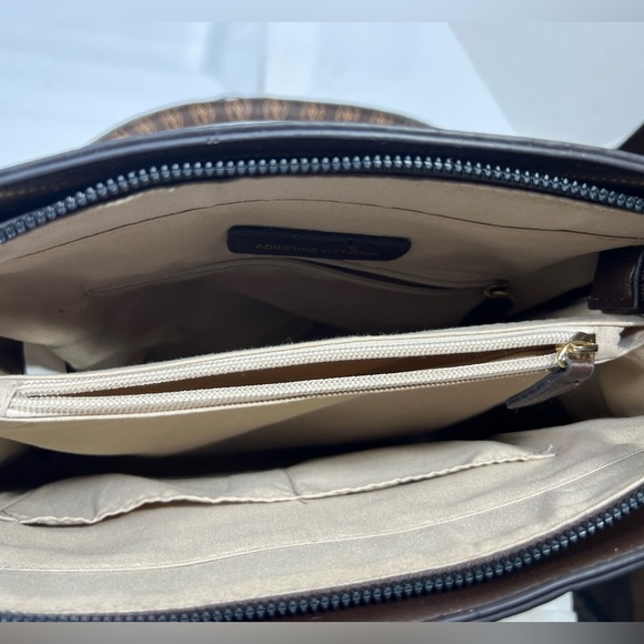 Adrienne Vittadini Brown Vegan Leather and Cream Linen Medium Handbag - Picture 8 of 11